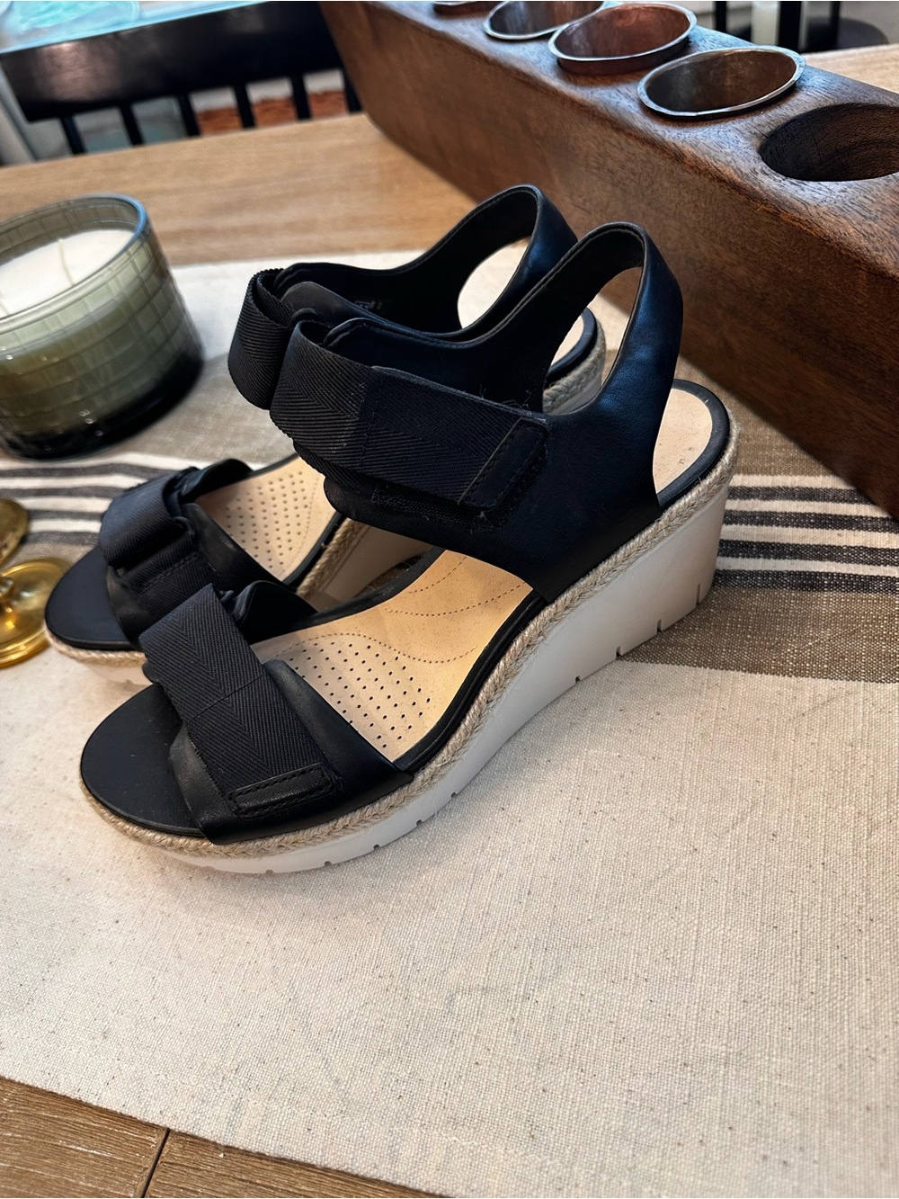 Clarks Black Wedge Sandals with White Platform